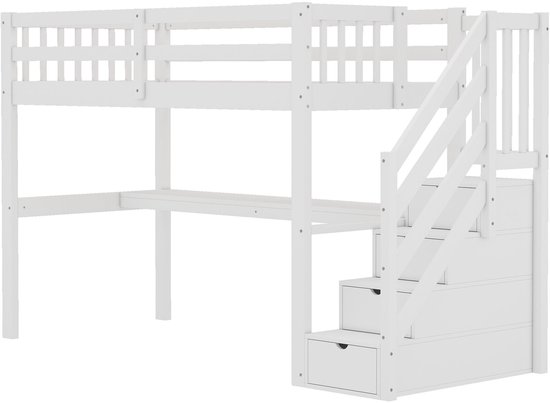Witte hoogslaper met bureau en trap met opbergvakken, met twee lades in de trap.