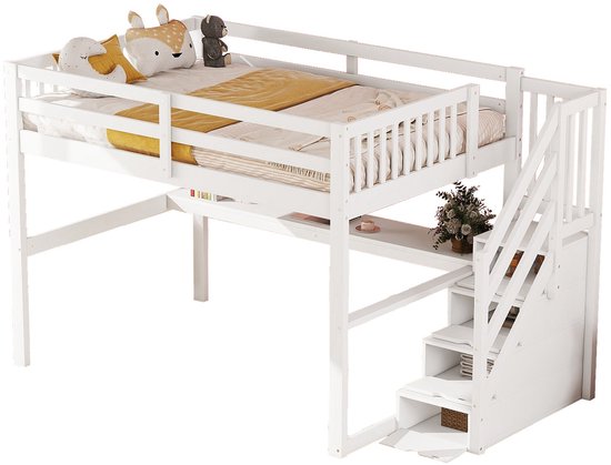 Lit mezzanine - 140x 200 cm - lit mezzanine enfant - avec tiroirs de rangement et bureau sous le lit - blanc - sans matelas