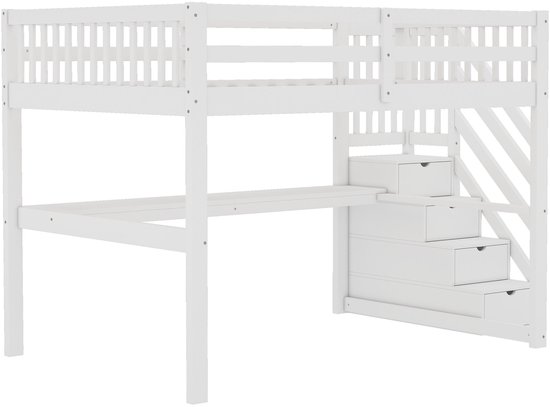 Lit mezzanine - 140x 200 cm - lit mezzanine enfant - avec tiroirs de rangement et bureau sous le lit - blanc - sans matelas