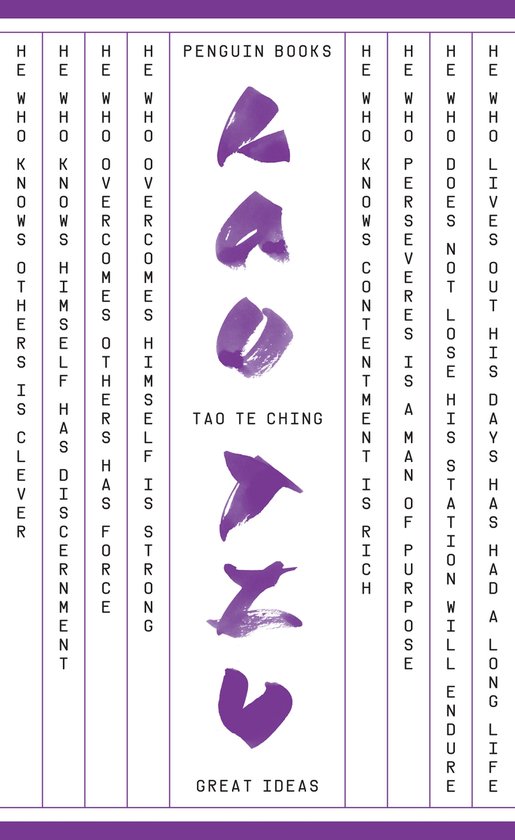 Boekomslag van Tao Te Ching met paarse kalligrafie en Engelse tekst.