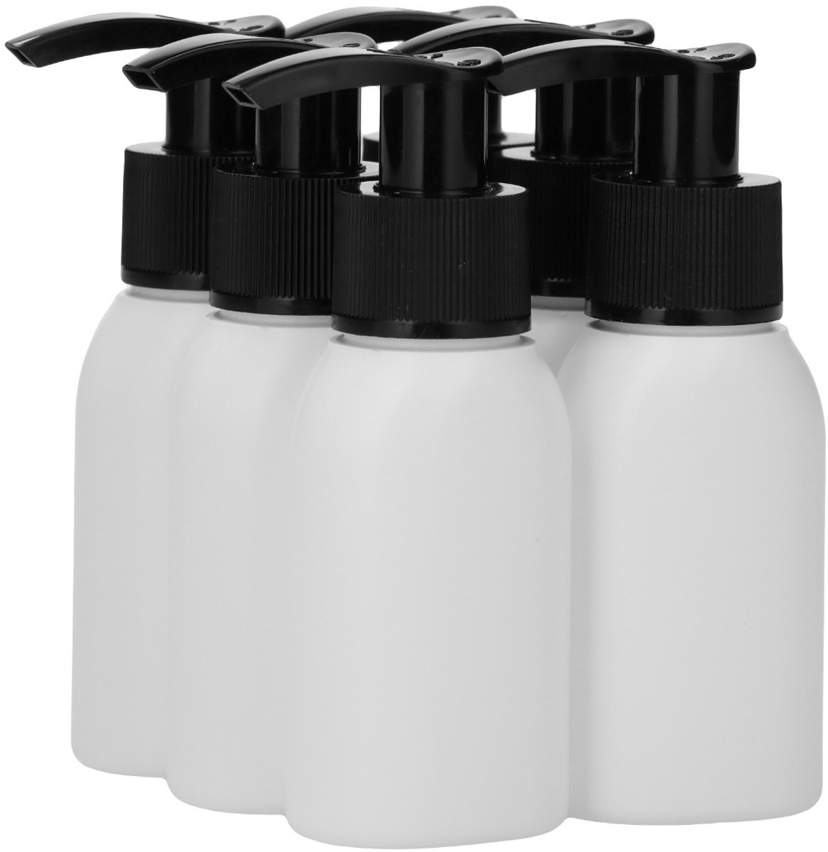 6 x 50 ml Platte fles HDPE wit + Zeepfles Dispenserpomp zwart - BPA Vrij - Niet Breekbaar - Plastic Flesjes Navulbaar - Met Dop - Lege Flessen - 6 stuks