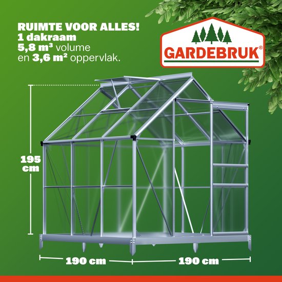Aluminium kas van 190x190 cm, 195 cm hoog, met afmetingen en logo 'Gardebruk'.