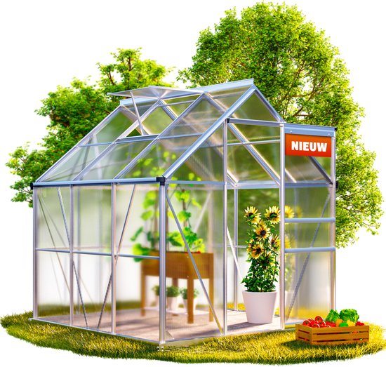 Nieuwe kas met aluminium frame, dubbel dakraam, zonnebloemen en een krat met groenten.