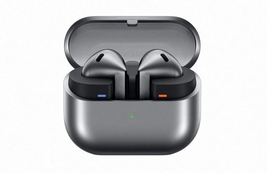 Grijze Samsung Galaxy Buds3 oordopjes in een open grijs laadstation.