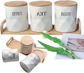 Boîtes à sucre, café et thé en céramique Witte avec couvercles hermétiques en bambou - Set de 3 - Bocaux de conservation multifonctions pour comptoir de cuisine