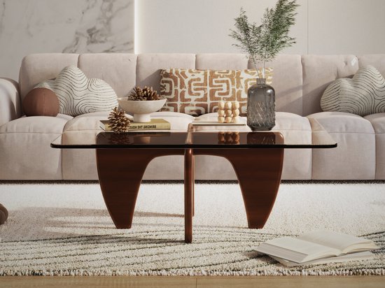 Salontafel - Walnoot Hout - Glas - Tafel - Design Tafel - Coffee table - Koffietafel