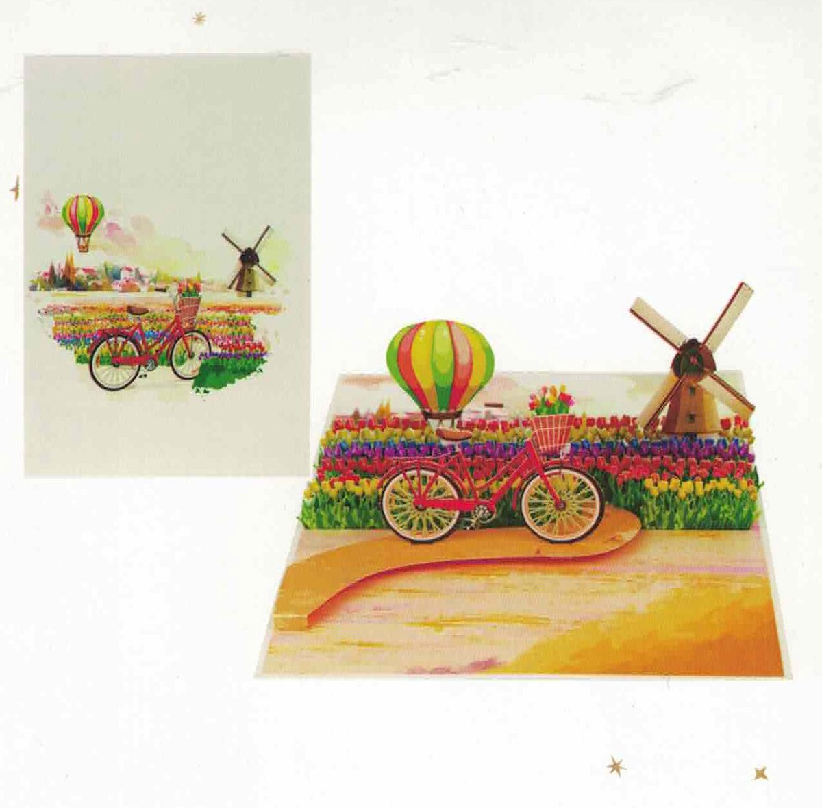 Pop up wenskaart - pop out wenskaart - felicitatie - pensioen - stoppen met werken - verjaardag - hollands landschap - tulpen - moederdag - vaderdag - molen - luchtballon