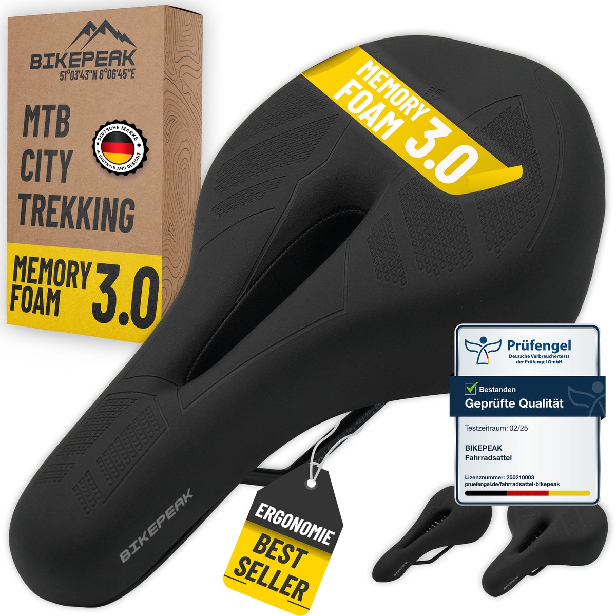 BikePeak trekking fietszadel voor mannen & vrouwen Ergonomisch, ademend traagschuim zadel, zwart, waterafstotend