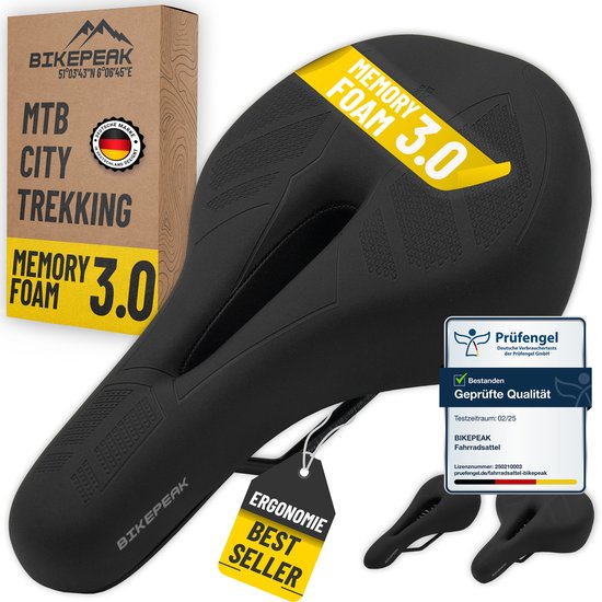 Selle de vélo de trekking BikePeak pour hommes et femmes Selle ergonomique et respirante en mousse à mémoire de forme, noire, hydrofuge