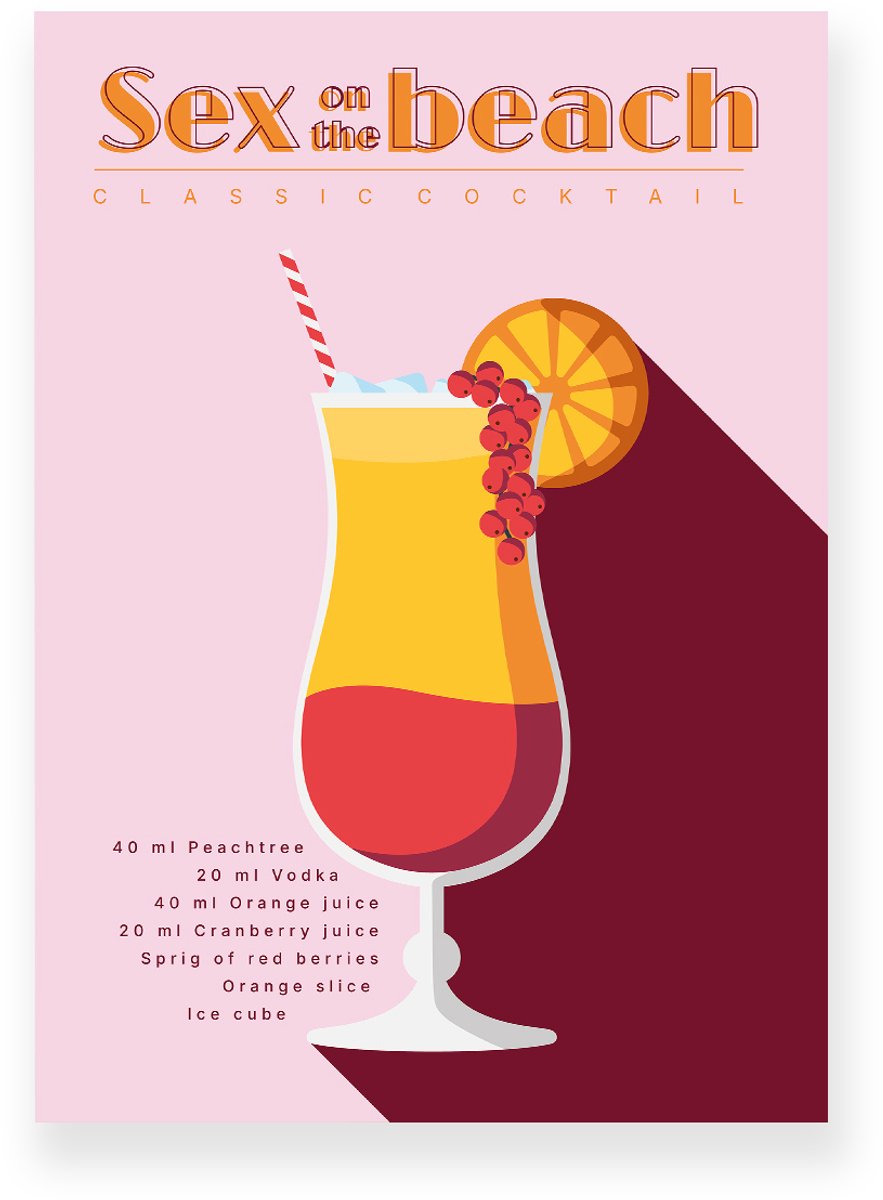 Yisual Aluminium plaat 30x40 cm - Poster - Sex on the Beach - Cocktail Recept - Geel - Roze - Retro - Art deco - Muurdecoratie - Wanddecoratie
