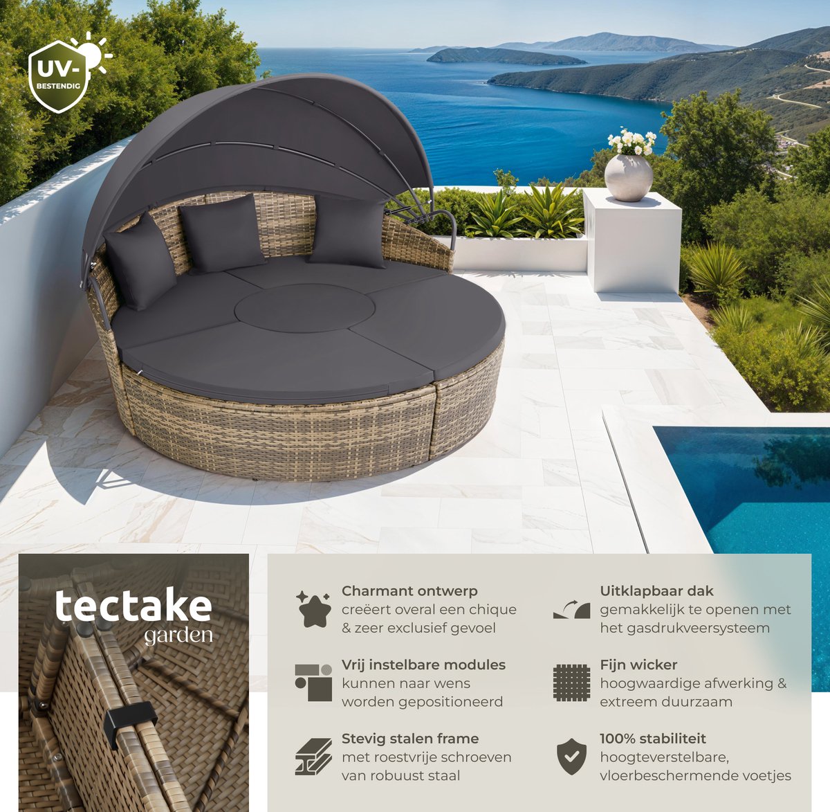 tectake® Wicker Zonne-eiland Santorini - Loungebed voor 2 Personen - Multifunctioneel Rond Ligbed met Zonnescherm - Vrij in te delen Tuin Ligstoel met Luifel - UV- en Weerbestendige Tuinset - Loungeset Inclusief Kussens - Bruin/Zwart thumbnail 2