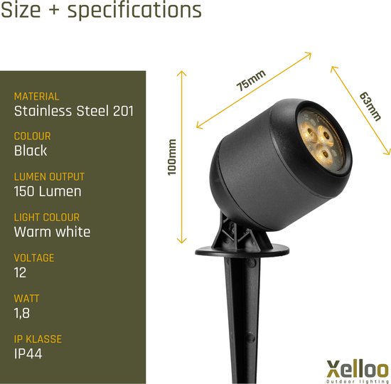 Afmetingen van een zwarte 12V Xelloo grondspot (H100xB75x D63mm), van roestvrij staal, met warm wit licht.