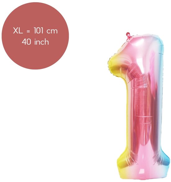 Fienosa Regenboog kleuren Cijfer 1 Ballon 101 CM - Nummer en getal - Leeftijd 1 - XL Groot - Helium Ballon- Verjaardag Ballon - Verjaardag versiering - Verjaardag Decoratie - Leeftijd verjaardag - Verjaardagsballon - Verjaardag