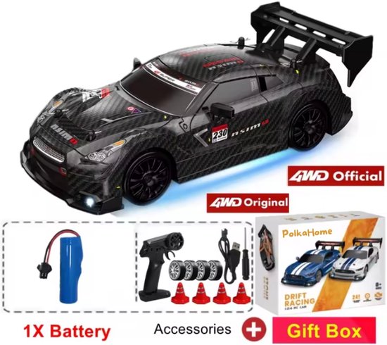 RC Drift Auto 1/16 30km/h 4WD Con Luci – Telecomando 2.4GHz, Auto Da Corsa Elettrica Per Bambini RTR + Barriere