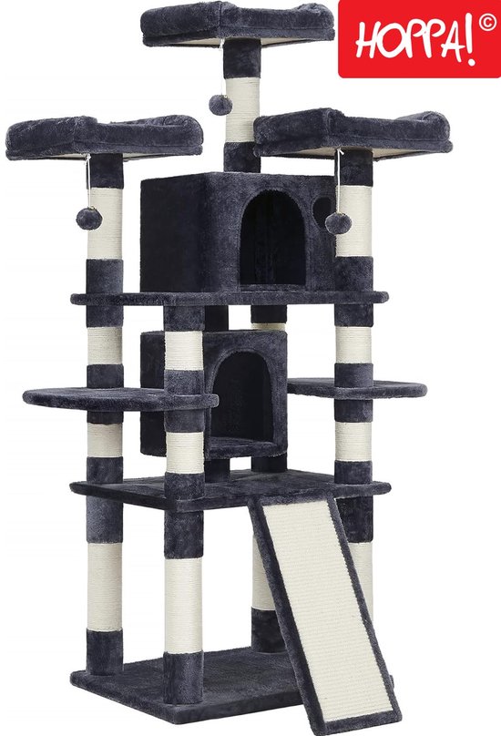 Hoppa! Kattenboom | Krabpaal | Rookgrijs | Spaanplaat/Pluche/Sisal | 62 x 50 x 171 cm (B x D x H)