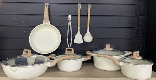 Bavary Pan Set ® - Set de poêles Forged - 14 pièces - Avec couvercles en verre - Tous feux - Revêtement antiadhésif - Sans PFAS - Revêtement marbre - Induction - Avec ustensiles de cuisine et dessous de verre - Beige