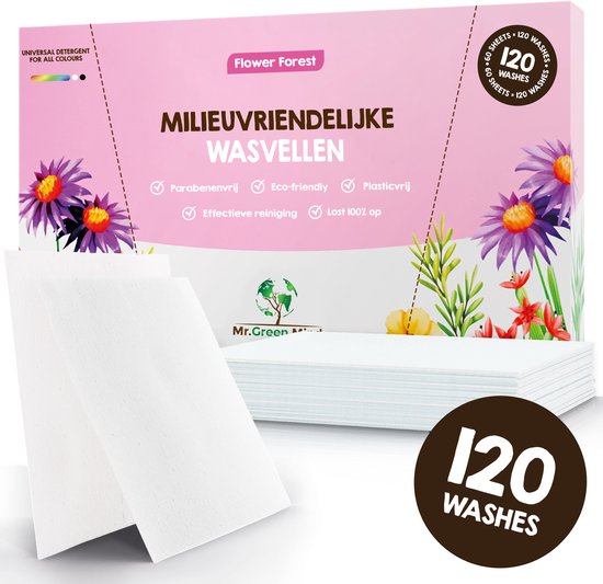 Mr. Green Mind Wasstrips 120 Wasbeurten bloemig Flower Forest Wasmiddeldoekjes Wasvellen Wasdoekjes incl. wasverzachter