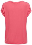 Achterkant van een roze dames T-shirt met korte omgeslagen mouwen.