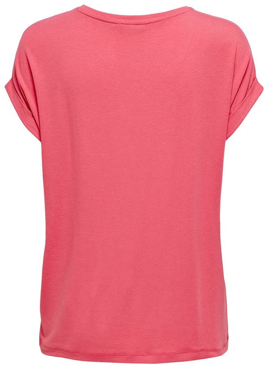 Achterkant van een roze dames T-shirt met korte omgeslagen mouwen.