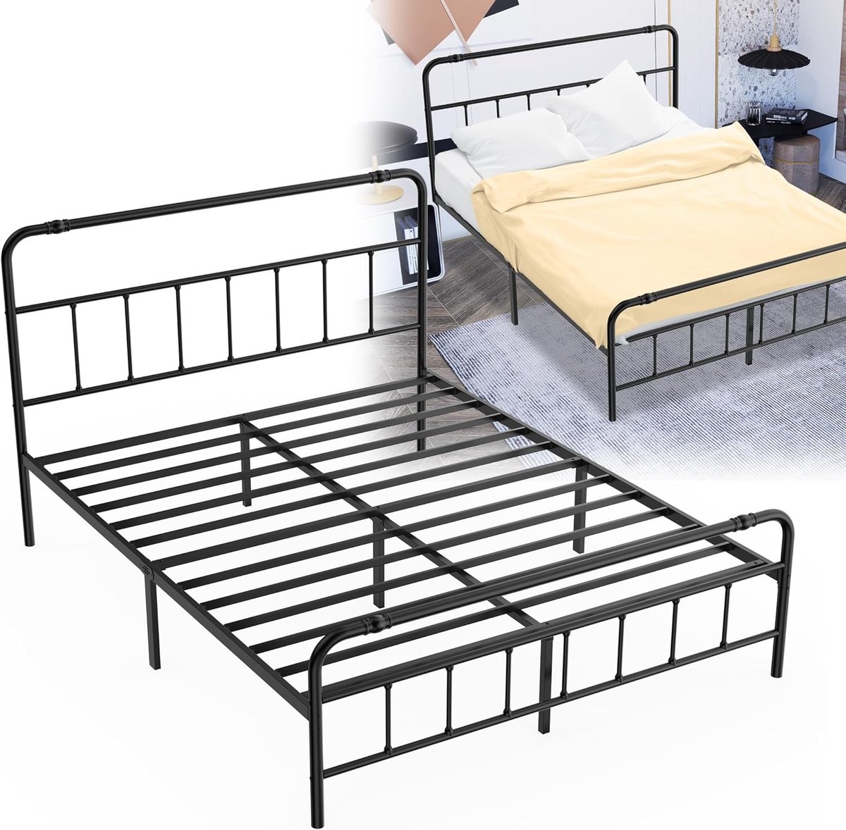 Aufun bedframe 160x200 cm metalen bed bedframe van metaal logeerbed metalen bed jeugdbed voor slaapkamer logeerkamer met hoofdeinde tweepersoonsbed/eenpersoonsbed, zwart