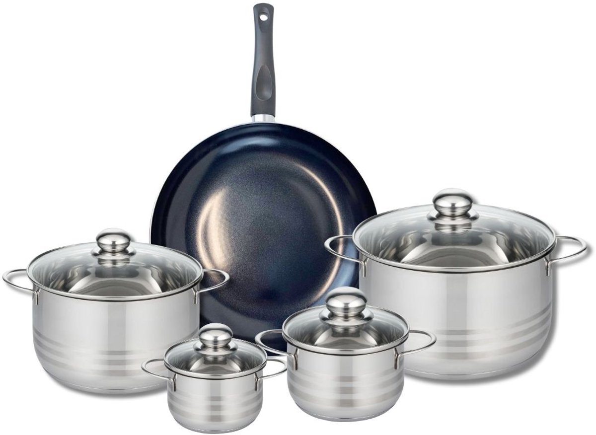 Set van 1 Koekenpan 28 cm en 4 kookpotten 12, 14, 20 en 24 cm Elo Prima Glanzend