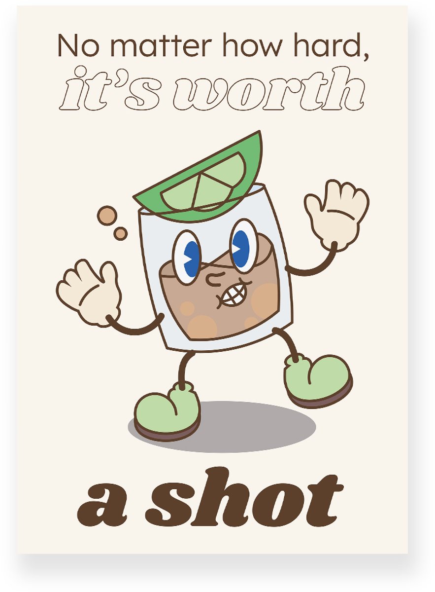 Yisual Aluminium plaat 30x40 cm - Poster - Dansend Shotglas - Illustratie - Groen - Beige - Cartoon - Motivatie - Muurdecoratie - Wanddecoratie