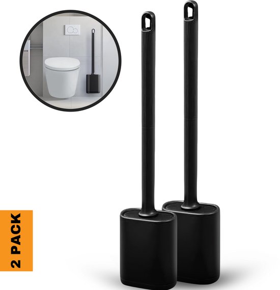 Purify Prime - 2 Stuks Siliconen Toiletborstelset met Sneldrogende Houder en Wandmontage - Zwart - Wc Borstel - Toiletborstel - Sneldrogend, Stevig en Hygiënisch - Toilet Borstel Houder - Vrijstaand en Hangend - Toiletset