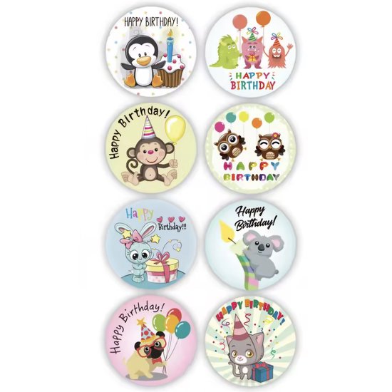 Set van 8 vrolijke ronde verjaardagsstickers met diverse dieren en monsters. Diverse kleuren.