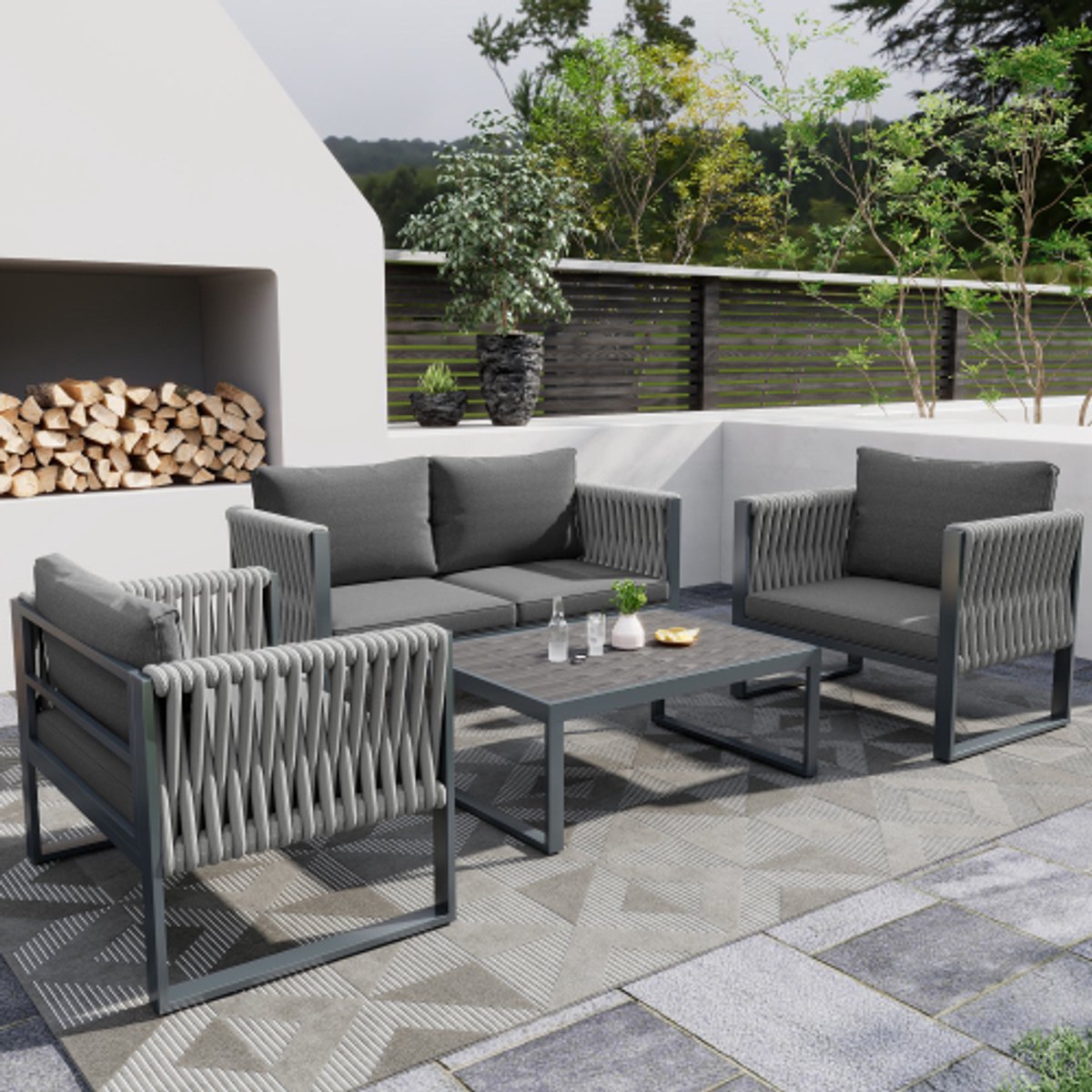 Tuinligstoelset met gegalvaniseerd ijzeren frame, touwtuinmeubilair, met zitkussens en dik touw, verstelbare poten, set van 4, alle kussens inbegrepen