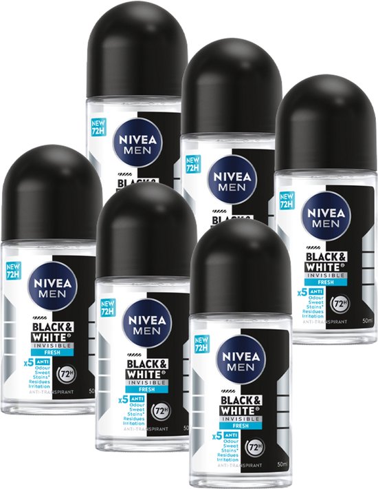 6x NIVEA MEN Black & White Invisible Fresh anti-transpirant rollen, 50ml