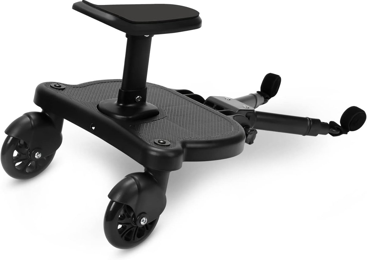 Meerijdplank met Zitting - Staplank Kinderwagen - Winkelen met Kind - 360° Dubbel Wieldesign - Tot 25 kg - Zwart