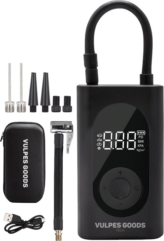 Vulpes Goods® Tech - Draagbare Compressor Bandenpomp - 6400mAh - Elektrische Fietspomp - Luchtcompressor voor Auto, Scooter, Fiets, Bal en Luchtbed - Incl. 7 opzetstukken - Zaklamp - Powerbank - Reiskoffer - PRO