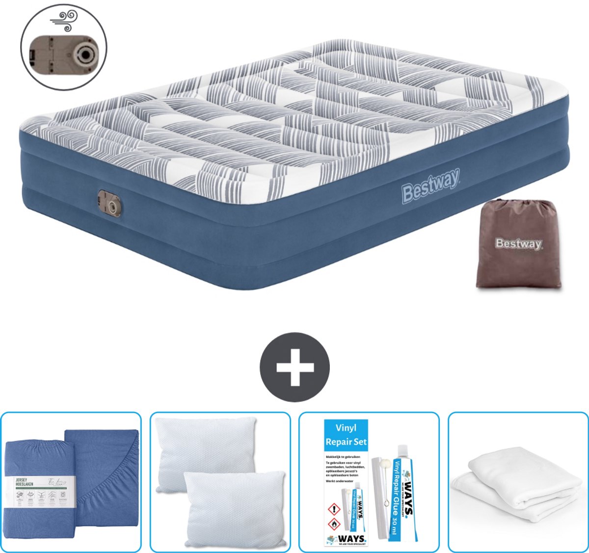 Bestway luchtbed - 2-Persoons - 152 x 203 x 36 cm - Blauw - Inclusief pomp - Hoeslaken - Kussen - Kussenbeschermer en Reparatieset