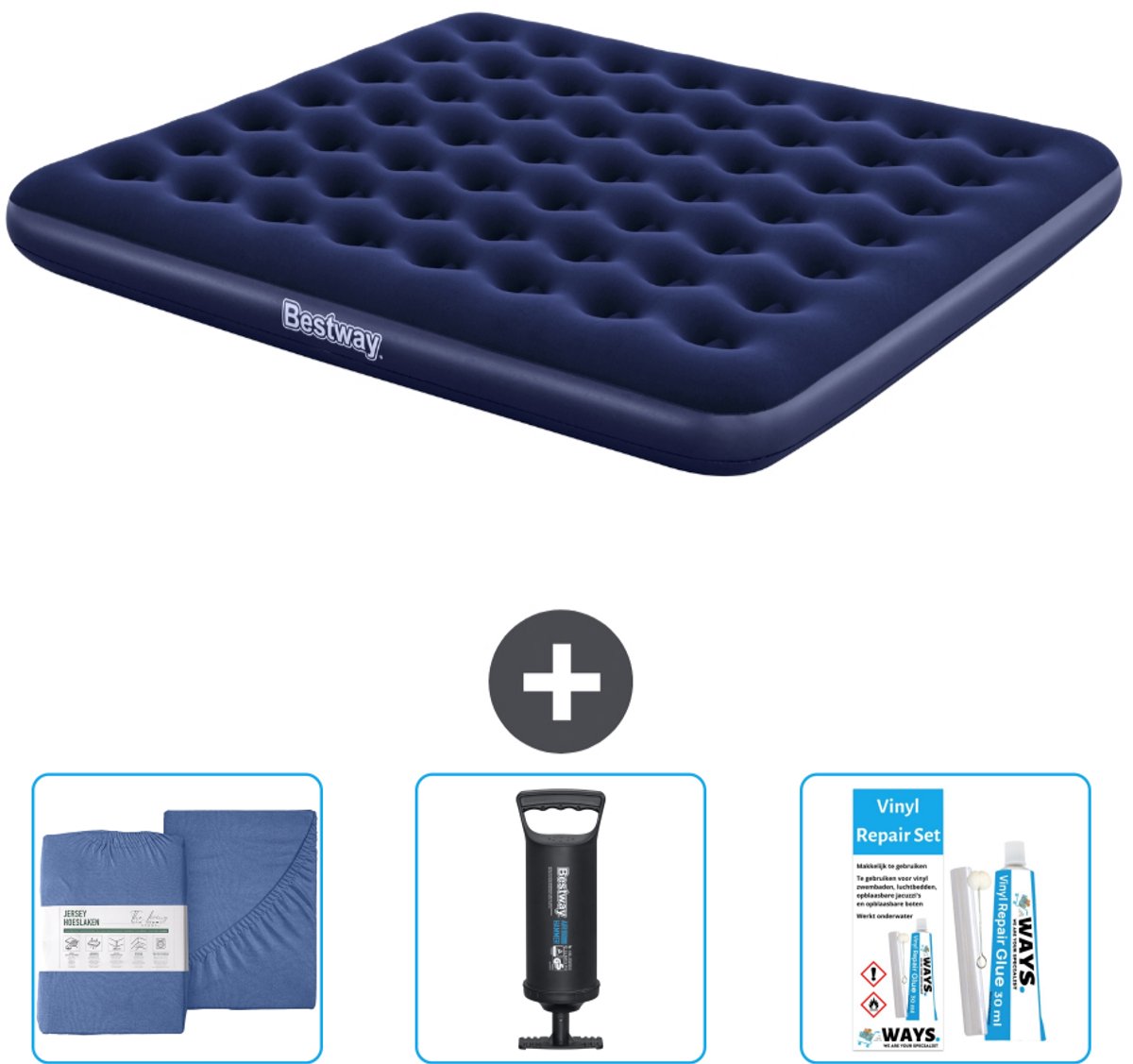 Bestway luchtbed - 2-Persoons - 183 x 203 x 22 cm - Blauw - Inclusief Hoeslaken - Pomp en Reparatieset