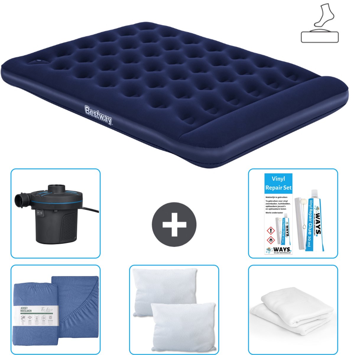 Bestway luchtbed - 2-Persoons - 152 x 203 x 28 cm - Blauw - Inclusief pomp - Hoeslaken - Kussen - Kussenbeschermer - Pomp en Reparatieset