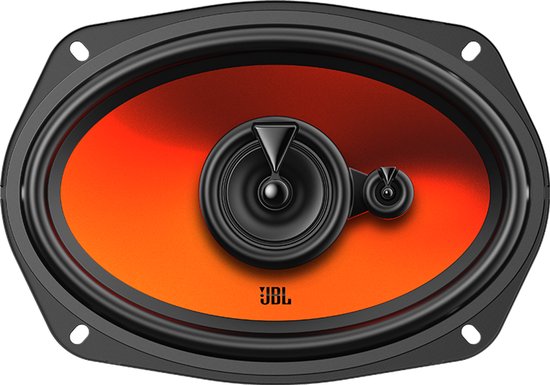 JBL auto speaker met oranje en rode gradiënt conus, zwarte rand en JBL logo.