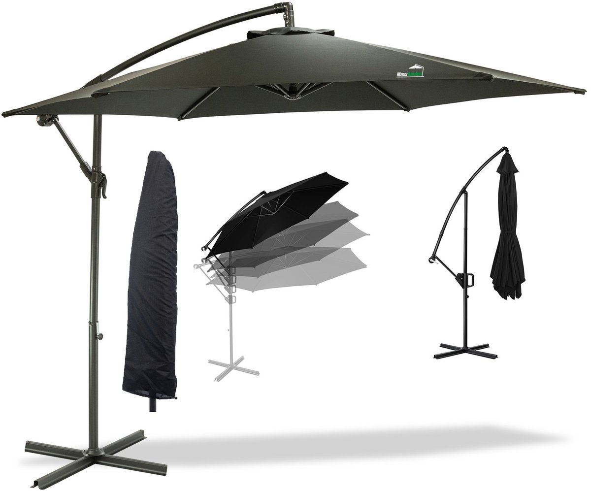 Zwarte ronde zweefparasol van MaxxGarden met een diameter van 300 cm, waterdicht, inclusief kruisvoet en hoes.