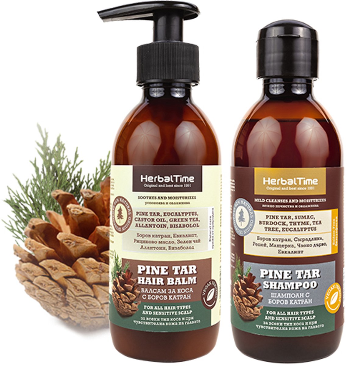 Herbal Time Dennenhars Shampoo + Haar Crème Voordeelverpakking 2 Stuks – Effectief tegen Psoriasis, Eczeem, Roos, Jeuk en Gevoelige Hoofdhuid – Kalmeert & Verlicht – 2 x 240ml