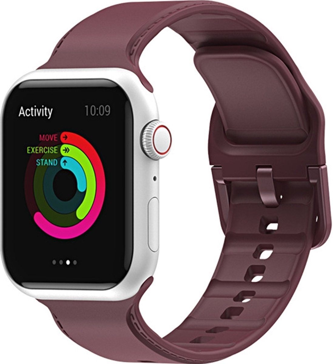 Mobigear Siliconen Watch bandje geschikt voor Apple Watch Bandje Gespsluiting | Mobigear Dashed - 49/46/45/44 mm - Bordeaux Rood