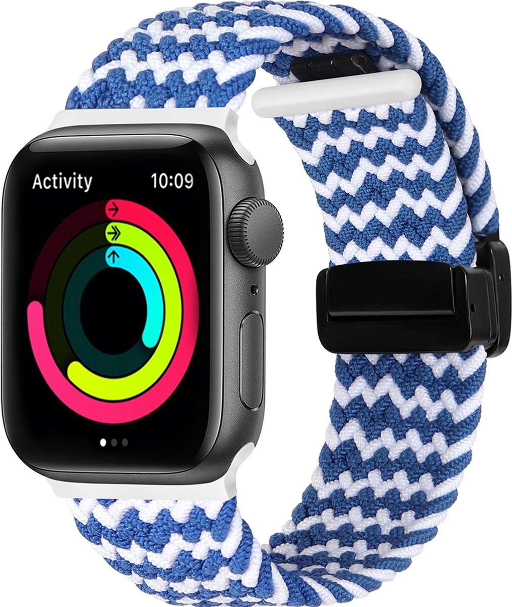 Mobigear Nylon Watch bandje geschikt voor Apple Watch Bandje Magneetsluiting | Mobigear Braided Mag - 49/46/45/44 mm - Zwart / Wit