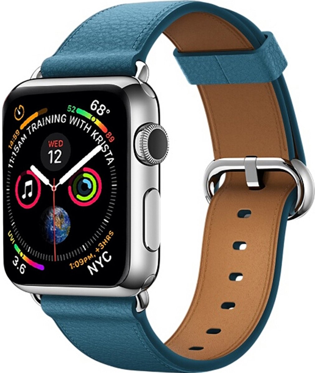 Mobigear Leren Watch bandje geschikt voor Apple Watch Bandje Gespsluiting | Mobigear Roma - 49/46/45/44 mm - Blauw