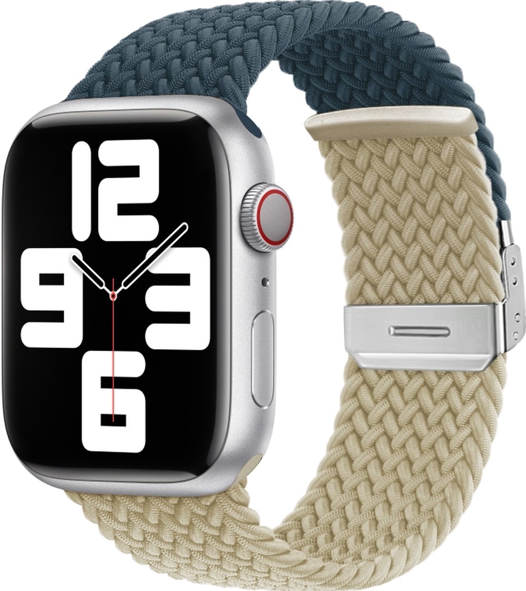 Mobigear Nylon Watch bandje geschikt voor Apple Watch Bandje Klemsluiting | Mobigear Braided Dual - 49/46/45/44 mm - Wit / Blauw