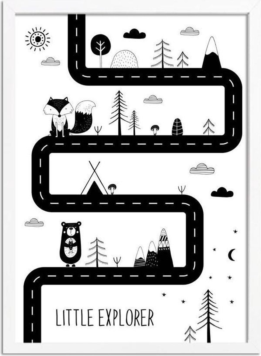 | Kinderkamer poster Roads Little Explorer Kinderposter met tent, zwart wit