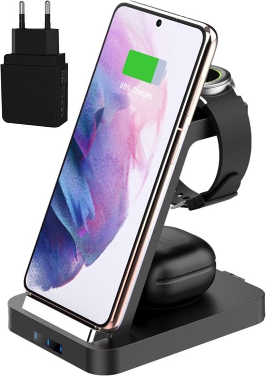 iSetchi Draadloze 3-in-1 Oplader met 15 Watt Snelladen - Laadstation - Qi Oplaadstation - Snellader - Wireless Fast Charger Geschikt voor Samsung telefoon, Galaxy buds & Samsung smartwatch