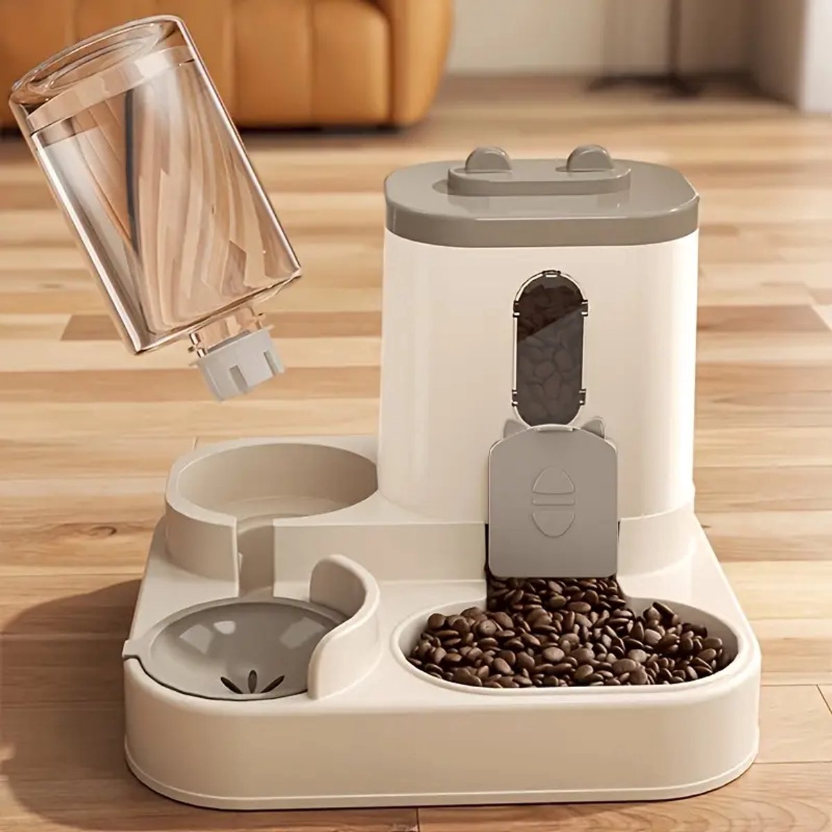 Afbeelding 3 van PetMeals 2-in-1 automatische Voer- en Waterbak voor Huisdieren – door zwaartekracht - wit met grijs – voor katten & kleine honden - voer- & drinkbakken - voer en waterbak - voerbak kat - voerbak hond