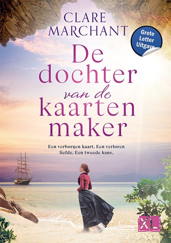 Boek "De dochter van de kaartenmaker" Grote Letter Uitgave met een vrouw op een strand, een zeilschip op zee en de tekst "Een verborgen kaart. Een verloren liefde. Een tweede kans."