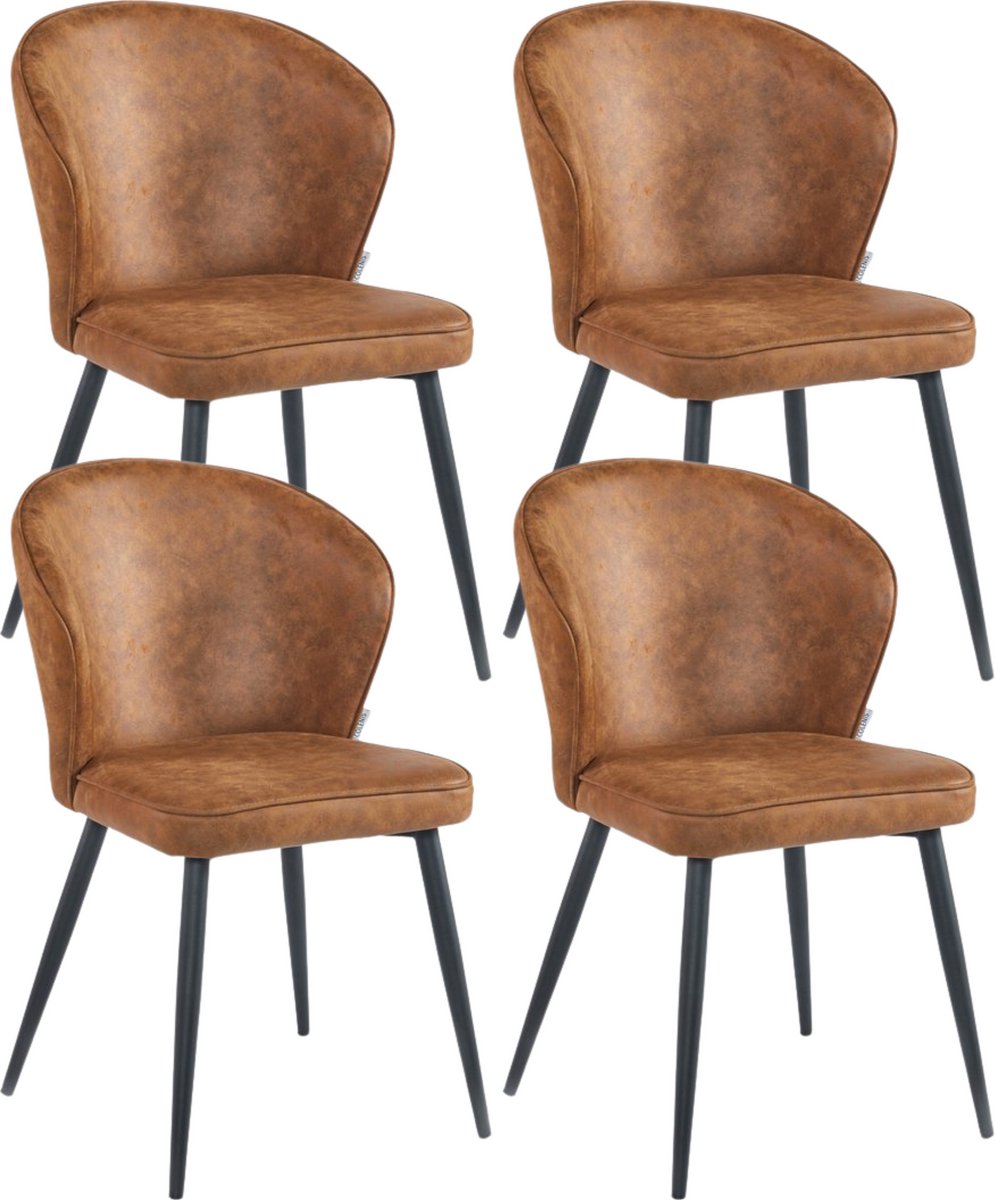 Colenis Curve Eetkamerstoel - Set Van 4 - Cognac - Microfiber - Zwarte Poten