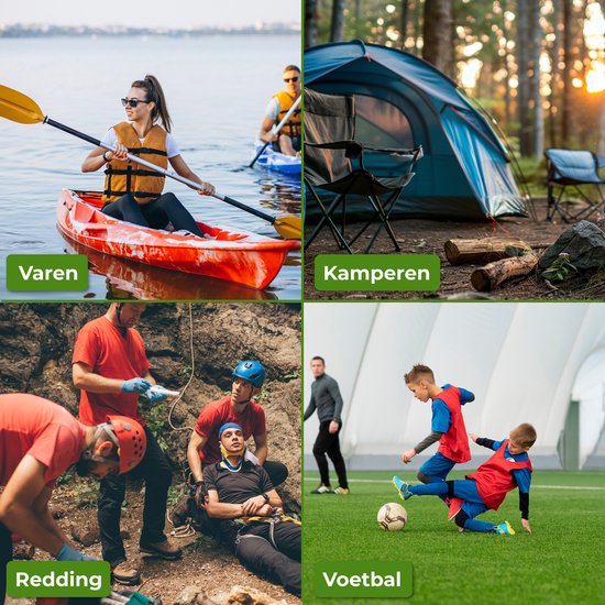 Vier afbeeldingen: Varen, Kamperen, Redding en Voetbal, die verschillende activiteiten met het multifunctionele noodfluitje tonen.