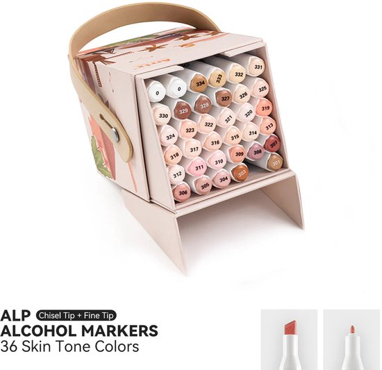 Een roze markerpakket met handvat, opengeklapt om markers met nummers 301-334 te tonen. '36 Skin Tone Colors' is te lezen.