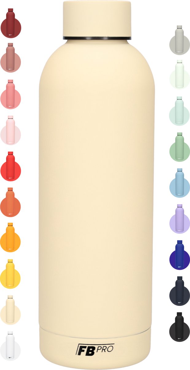 Drinkfles - Dubbelwandige waterfles - Thermosfles - RVS thermos fles - Geschikt voor warme en koude dranken - Extra grip door rubbercoating - 500 ML - Creme